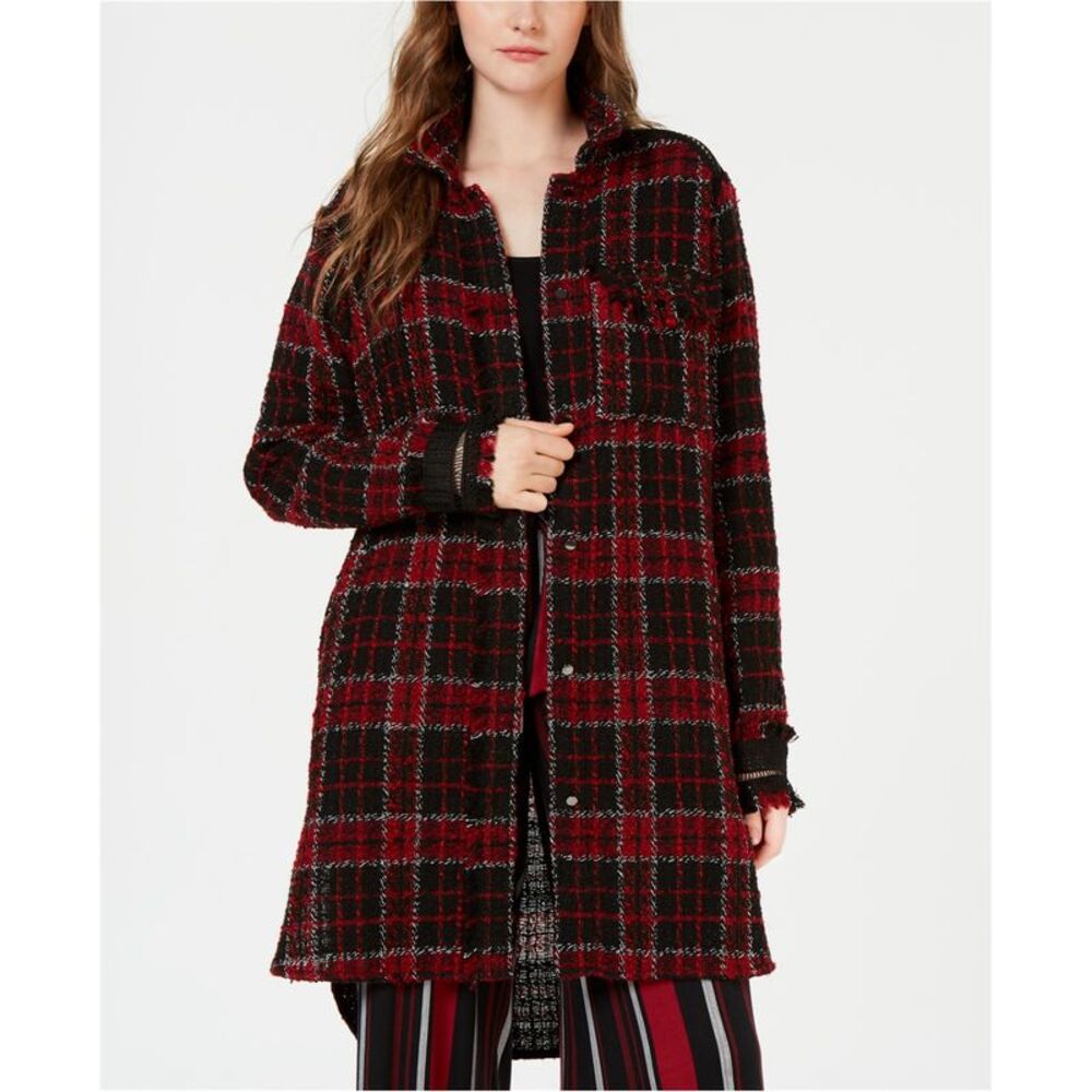 Ginger Womens Plaid Shirt Jacket, Red, L, DM